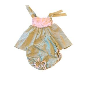 Bett Trell Johnston‎ Baby Dress Set 9-12 Mo Green Gingham & Embroidered Daisies